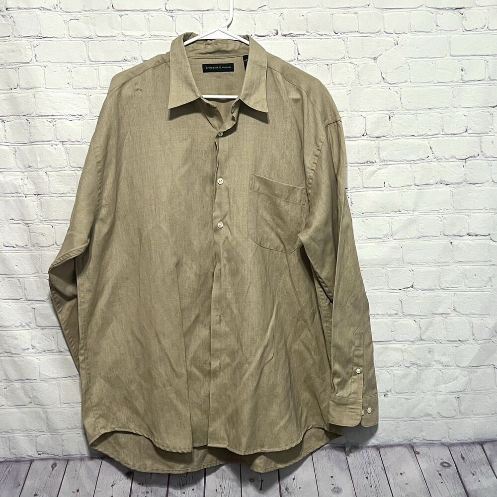 Preswick & Moore Button Up Dress Shirt Mens Sz XL Khaki Linen Blend Corp Church
